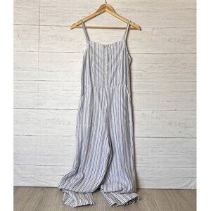 Old Navy Jumpsuit Womens SZ Small Blue & White Linen Blend Pockets Buttons Beach